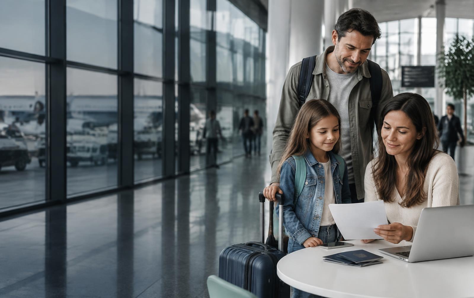 Parents reviewing a child’s travel document together at an airport